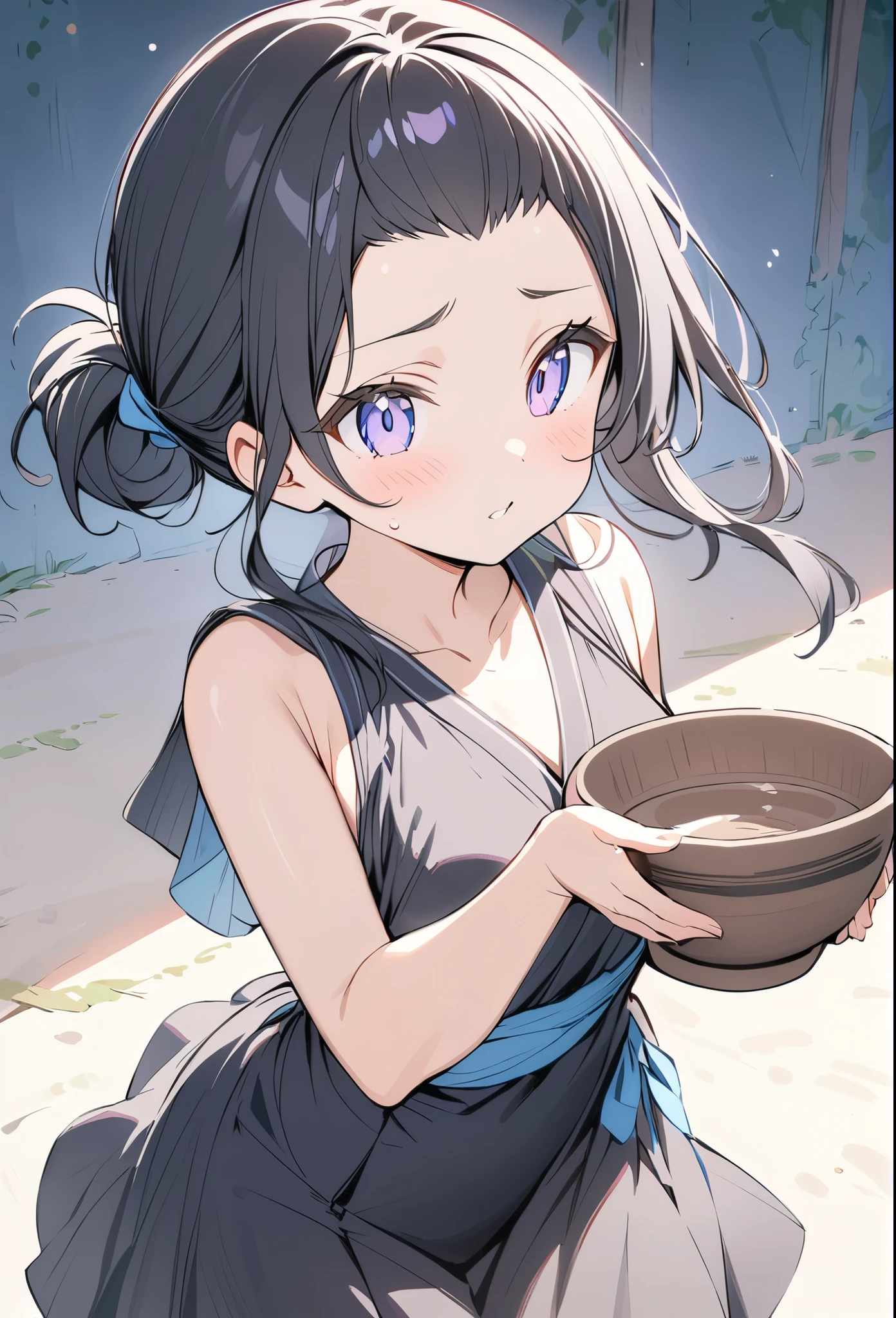 anime、デジタルanimeアート、Flat Design,(masterpiece:1.2)、high quality、High resolution、Very detailed、(Amazingly absurd:1.2)、BREAK、Jomon Period、Black Hair、long hair、Hair tied back、Girl holding Jomon pottery