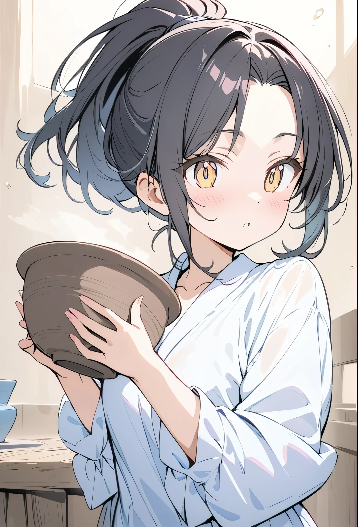 anime、デジタルanimeアート、Flat Design,(masterpiece:1.2)、high quality、High resolution、Very detailed、(Amazingly absurd:1.2)、BREAK、Jomon Period、Black Hair、long hair、Hair tied back、Girl holding Jomon pottery