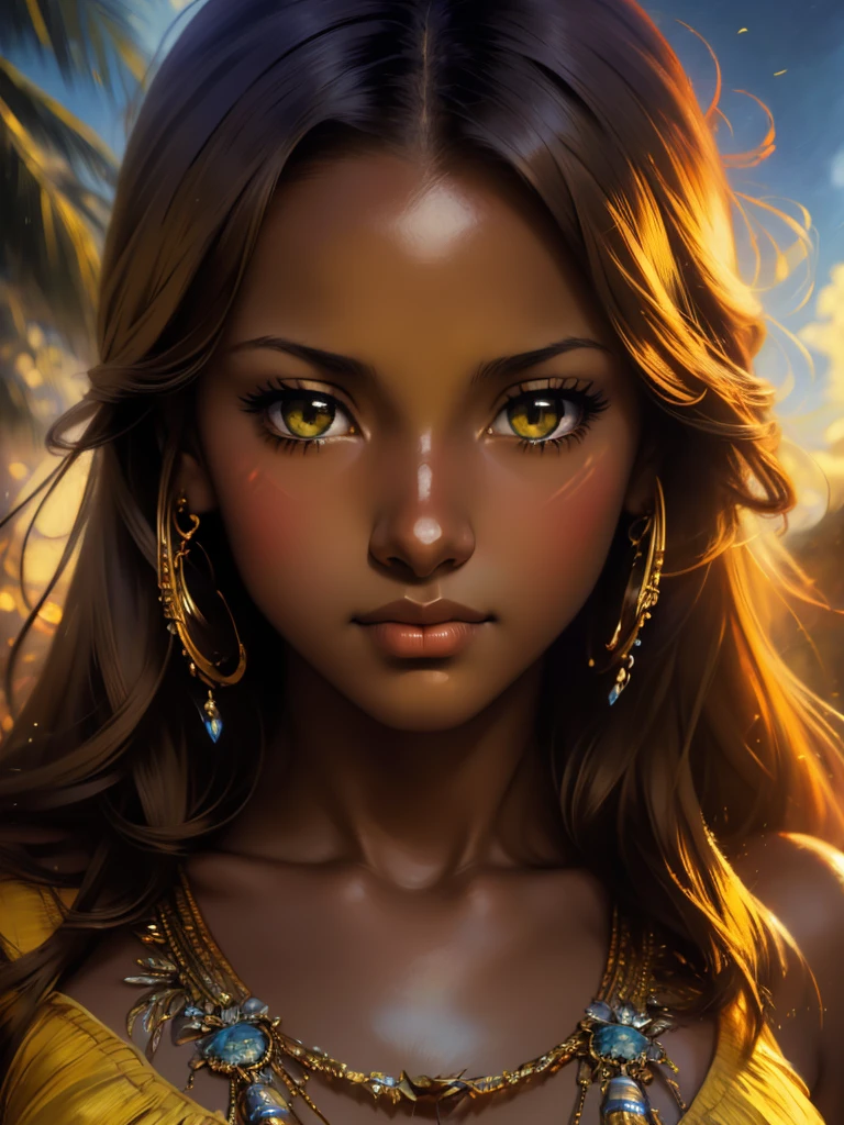 ((Solo Beautiful Caribbean woman with dark skin and striking eyes)),  shadowed interior background, art by akihiko yoshida, manga art style, colorfield illustration, Scary atmosphere, global illumination, by frank frazetta, art by goro fujita, glamour shot, banner, blur, anime key visual, (blue, yellow and grey colors), dramatic photo, anime girl, Intricate details, chiaroscuro, pino daeni, impressionist (best quality, masterpiece)