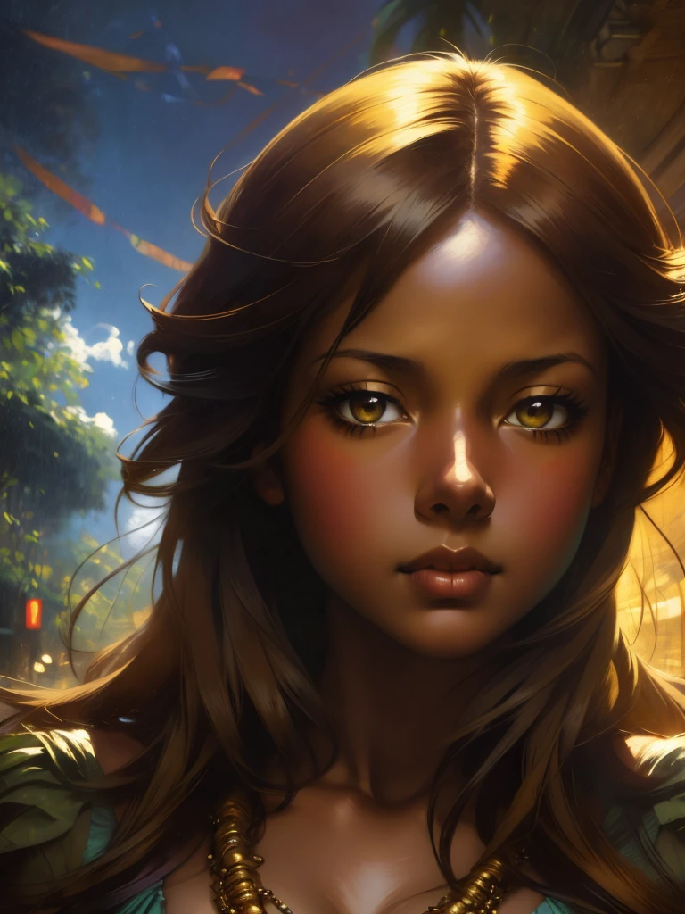 ((Solo Beautiful Carribean woman with dark skin and striking eyes)), shadowed interior background, art by akihiko yoshida, manga art style, colorfield illustration, scary atmosphere, global illumination, by frank frazetta, art by goro fujita, glamor shot, banner, blur, anime key visual, (blue, yellow and gray colors), photorealistic dramatic anime girl, intricately detailed, chiaroscuro, pino daeni, impressionist (best quality, masterpiece)