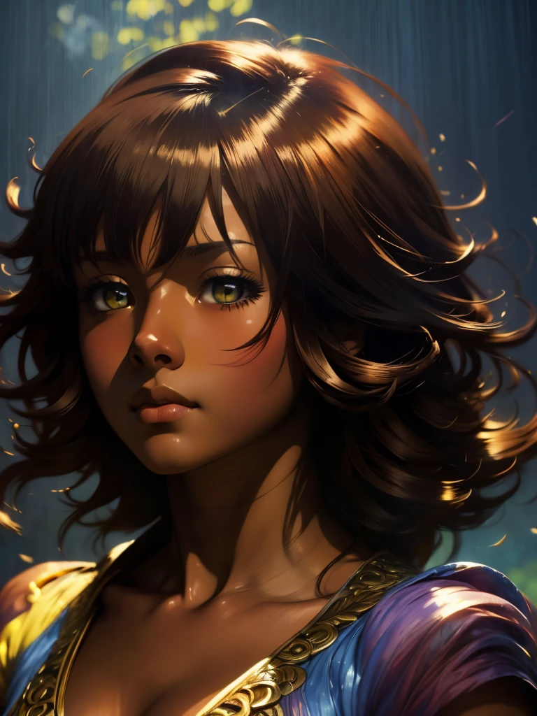 ((Solo Beautiful Caribbean woman with dark skin and striking eyes)), shadowed interior background, art by akihiko yoshida, manga art style, colorfield illustration, Scary atmosphere, global illumination, by frank frazetta, art by goro fujita, glamour shot, banner, blur, anime key visual, (blue, yellow and grey colors), dramatic photo, anime girl, Intricate details, chiaroscuro, pino daeni, impressionist (best quality, masterpiece)