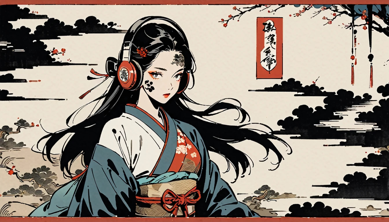 Ink Painting, (((1 girl))), (((Tattoo on face))), sunglasses, Japanese style headphones, beautiful girl, Black Hair, Delicate and precise, Modern ukiyo-e style, dark