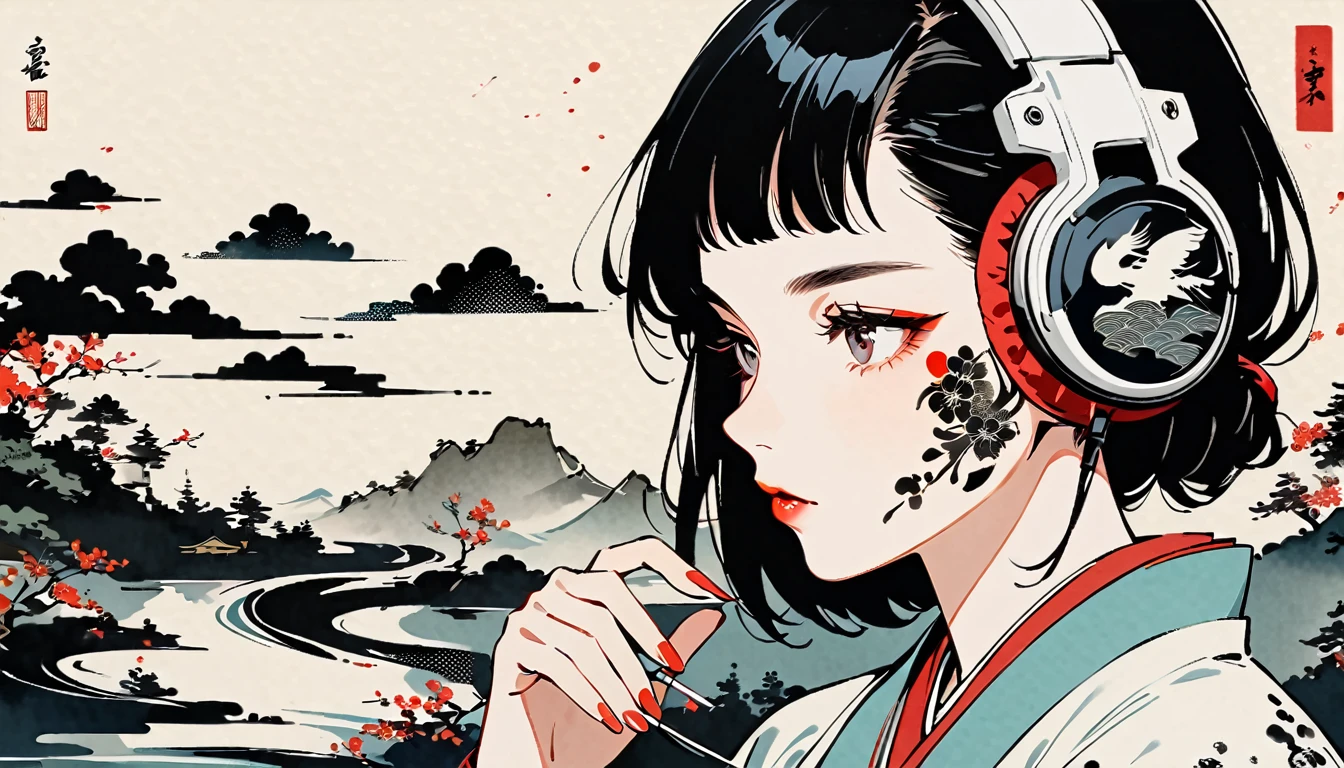 Ink Painting, (((1 girl))), (((Tattoo on face))), sunglasses, Japanese style headphones, beautiful girl, Black Hair, Delicate and precise, Modern ukiyo-e style, dark