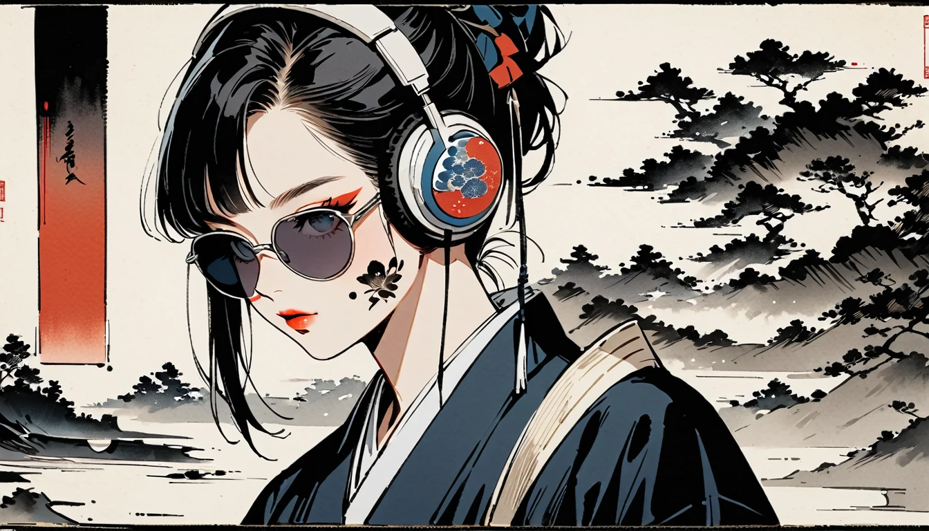 Ink Painting, (((1 girl))), (((Tattoo on face))), sunglasses, Japanese style headphones, beautiful girl, Black Hair, Delicate and precise, Modern ukiyo-e style, dark