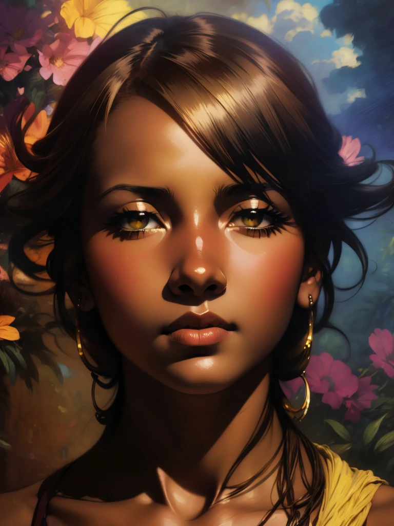 ((Solo Beautiful Caribbean woman with dark skin and striking eyes)),  shadowed interior background, art by akihiko yoshida, manga art style, colorfield illustration, Scary atmosphere, global illumination, by frank frazetta, art by goro fujita, glamour shot, banner, blur, anime key visual, (blue, yellow and grey colors), dramatic photo, anime girl, Intricate details, chiaroscuro, pino daeni, impressionist (best quality, masterpiece)