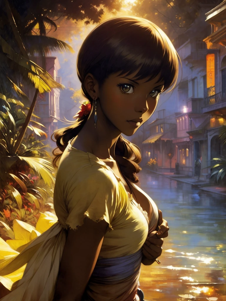 ((Solo Beautiful Caribbean woman with dark skin and striking eyes)), shadowed interior background, art by akihiko yoshida, manga art style, colorfield illustration, Scary atmosphere, global illumination, by frank frazetta, art by goro fujita, glamour shot, banner, blur, anime key visual, (blue, yellow and grey colors), dramatic photo, anime girl, Intricate details, chiaroscuro, pino daeni, impressionist (best quality, masterpiece)