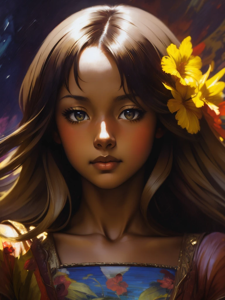 ((Solo Beautiful Carribean woman with dark skin and striking eyes)), shadowed interior background, art by akihiko yoshida, manga art style, colorfield illustration, scary atmosphere, global illumination, by frank frazetta, art by goro fujita, glamor shot, banner, blur, anime key visual, (blue, yellow and gray colors), photorealistic dramatic anime girl, intricately detailed, chiaroscuro, pino daeni, impressionist (best quality, masterpiece)