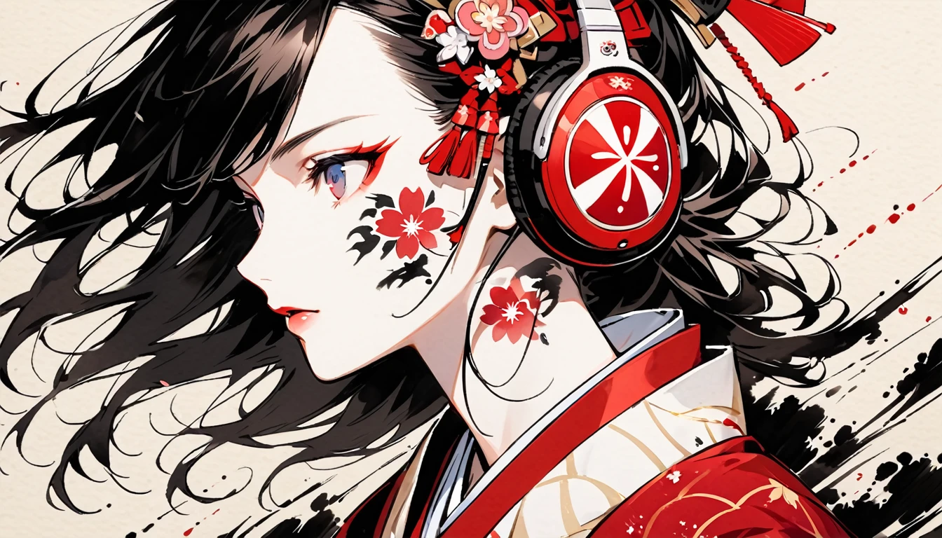 (((Ink Painting))), ((Japanese style headphones)), (((Corpse Paint))), face close up, Magnificent hair ornament, Japan人の可愛い女の子, Japan, Japanese flag