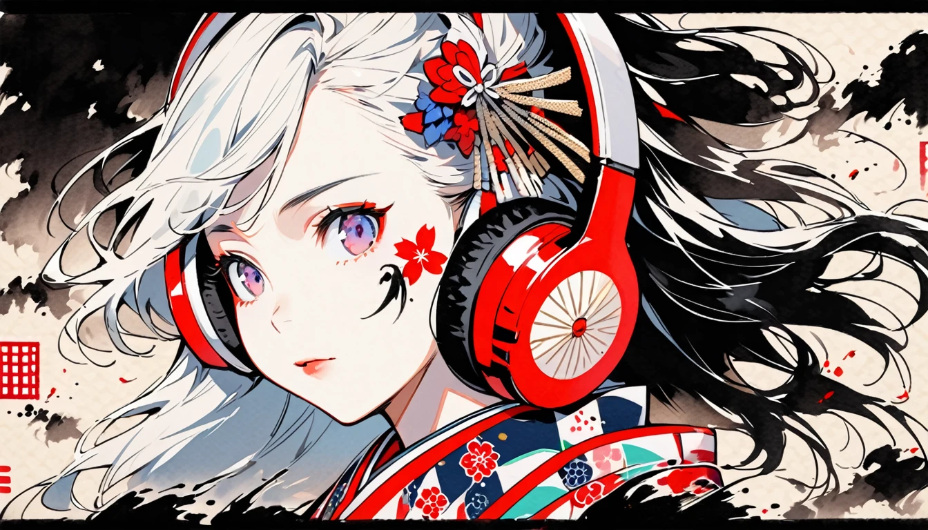 (((Ink Painting))), ((Japanese style headphones)), (((White face with Japanese pattern tattoo))), face close up, Gorgeous hair accessories, Japan人の女, Fluttering Hair, Japan, Japanese flag