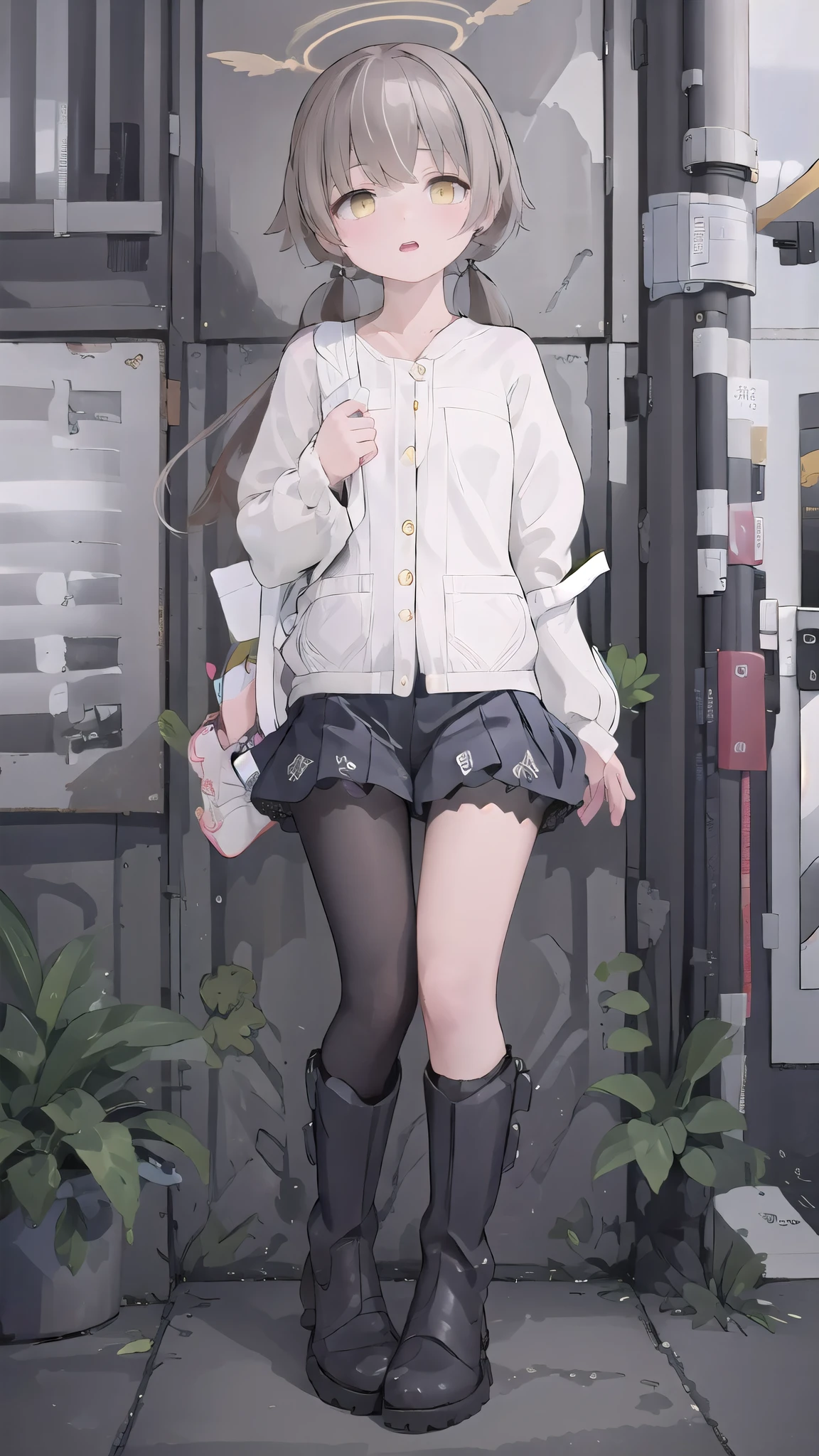 (masterpiece, best quality, Extremely detailed), Extremely detailed CG unity 8k wallpaper, (Optimal lighting, Best shadow, Extremely delicate and beautiful), absurd, 
Street corner, 1 Girl, Solitary,  
Long hair, Light brown hair, Yellow eyes, 
 Low double ponytail, , Pleated Skirt, Ribbon, Halo, Bag, White, 
Squat,
black leather boots，female masturbation