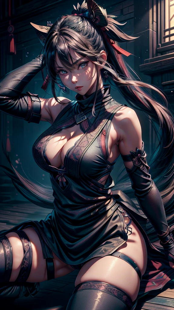 masterpiece, 最high quality, high quality, High resolution, high quality texture, high quality shadow, High Detail, Beautiful details, Detailed, Extremely detailed CG, Detailedテクスチャー, a Realistic representation of the face, Realistic, colorful , delicate, Cinematic Light, Side light, Lens flare, Ray Tracing,tailed beautiful delicate face, detailed beautiful delicate eyes,Beautiful Eyes,Detailed髪,Soft Hair,Well-shaped lips,ninja, bare shoulders, detached sleeves, cleavage,Crouching with legs apart,Black see-through underwear,cameltoe,night,Female ninja,Ninja,Black tight short skirt,Detailed cloth texture