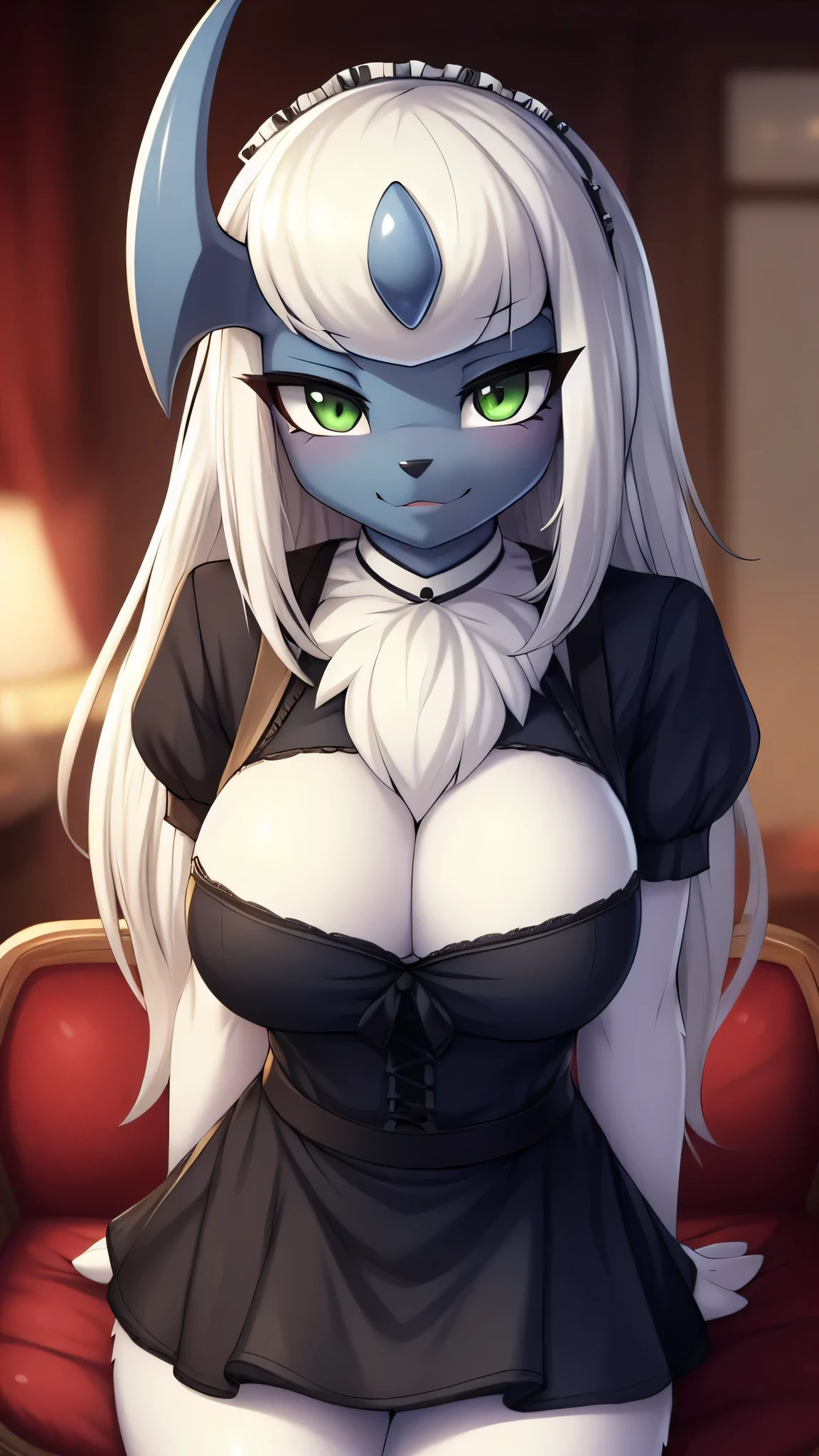 By zinfyu,by twistedscarlet60, uploaded on pixiv, by fluff-kevlar, (masterpiece), (best quality), (solo female:1.2), (extremely detailed:1.3),(detailed eye,black circle on eye,Green eye), Absol, view on viewer, close view, shy face, half body on potrait, only body and head, closeup, medium Breast, in living room, perfect circle of breast, beautiful white long hair, beautiful hair,has eyebrows, beautiful eyebrows, long eyebrows, wearing maid clotches,maid clotches,maid uniform, seductively worth it (closeup face)