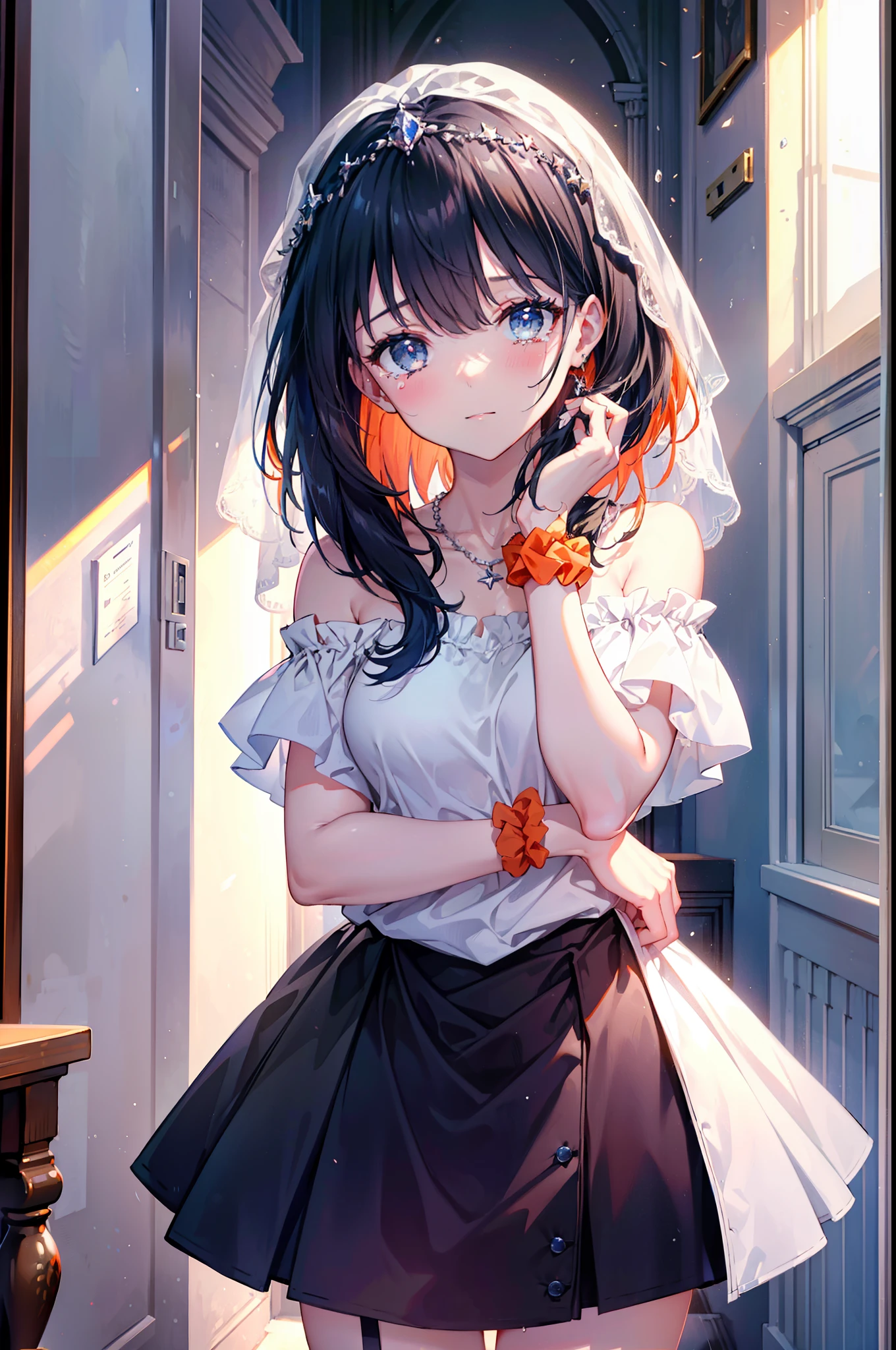 Rikka body,  Black Hair, blue eyes, Long Hair, orange Scrunchie, Scrunchie, wrist Scrunchie,smile,off-the-shoulder wedding dresses,Betting Skirt,necklace,Veil,bouquet,Please close your eyes.,Tears stream down her face,Tears of joy,I cry a lot,　　　　　　　　　　　　 
 break looking at viewer, whole body,(Cowboy Shot:1. 5) 　　　　　　　　　　　　　　　　　　　break indoors, Chapel,church, 　　　　　　　　　　　break (masterpiece:1.2), Highest quality, High resolution, unity 8k wallpaper, (shape:0.8), (Beautiful attention to detail:1.6), Highly detailed face, Perfect lighting, Extremely detailed CG, (Perfect hands, Perfect Anatomy),