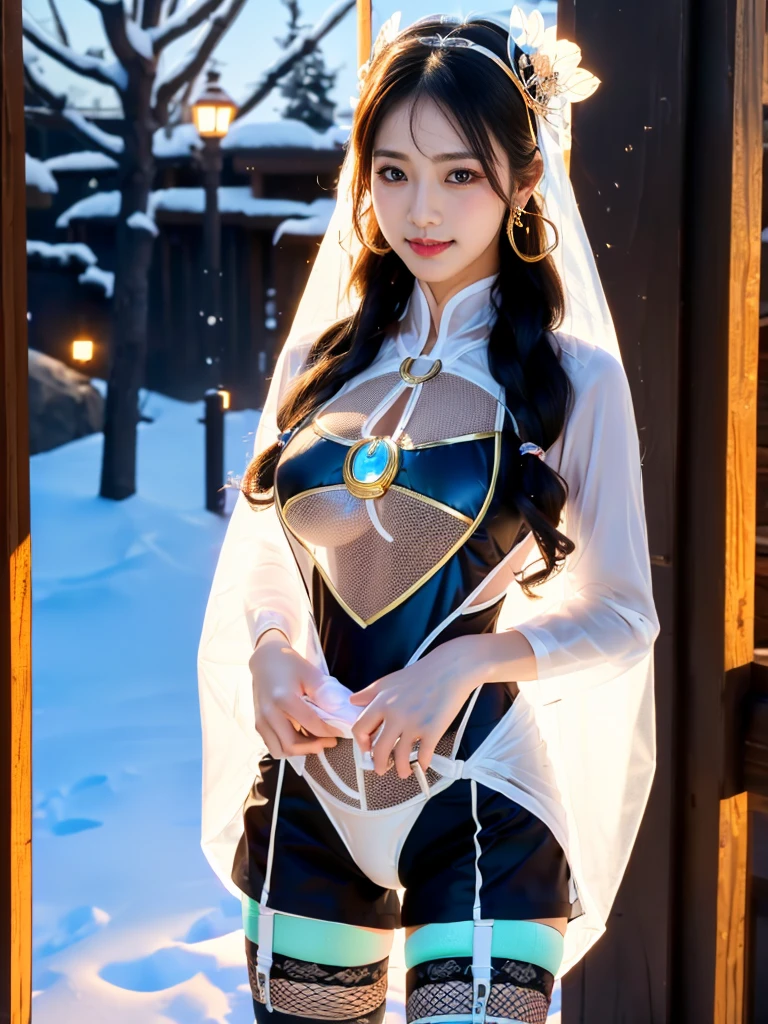 A female model, (Race:Chinese),((night),(Snowy mountain hot spring, moonlight)), (8K Ultra HD, 8K, Ultra-high resolution, best quality, masterpiece, Surrealism, Digital SLR Camera, Soft Light, Bokeh, Masterpieces), ((((Beautiful model-like face))), (Creating the image of a real girl), warm light, Realistic shadows, Dynamic poses, Elegant Posture, Cowboy lens, Full body front view, Be confident, Body facing the camera, Standing facing the camera, Open your legs slightly, Golden Ratio Graphics, Minimalism), (Happy smile, Big watery eyes, Cherry Blossom, Balanced Eyes, Perfect beautiful face, Normal facial features, Realistic skin, Attention to skin details, Sports body, cosmetic, earrings, bracelet, necklace, Jewelry, veil, Hair accessories, Headdress), ((beautiful hair), black hair, Wavy curly hairstyle, Waist-length hair, Messy Hairstyle, Gradient hairstyles, Cyberpunk hairstyle), ((Transparent clothes：1.5), (The color of the clothes: White), Transparent Clothes, See-through clothes, Transparent Clothes, Tulle clothes, Mesh clothes, Transparent T-shirt, 透明的Science Fiction衣服, Three-point swimsuit, (Clothes that accentuate your bust shape)), (Sexy的, Perfect breast shape, Teardrop chest shape, Snow-white breasts, very detailed breasts, 34E cup), (Super high waist, Deep V, Low-cut, Sexy, Flattering, , (Camel toe, High fork strangulation)), (sock, Knee socks, 吊garter, Leg ring, garter, 腿部garter), (pattern:Science Fiction)