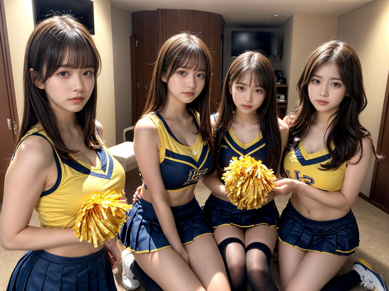 masterpiece, best quality, illustration, Super detailed, fine details, High resolution, 8K,wall paper, perfect dynamic composition,(Details High quality, realistic depiction of eyes:1.3), (3 girls), BREAK (cheerleader uniform with yellow as basic color:1.3), (holding a yellow pompoms in hand:1.4), (sleeveless yellow tunic with baseball team logo:1.4), yellow tops, (bold V-neck:1.3), ((Blue lines, black lines) on tops:1.3), ((fit and flare, A-line):1.3), (A-line yellow rah-rah skirt:1.3), mini skirt, (black socks:1.3), (sports shoes:1.2), sitting, open legs, short bob hair, in a hotel room in the background, deep on field, large breasts, black hair color, Big Natural Color Lip, (perfect body shape), crying a little、Harajuku style、20 year old girl、cute type、beautiful legs, Gravure Idol