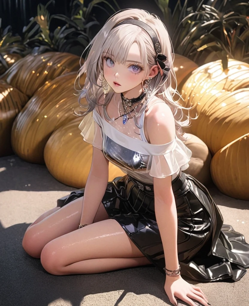 8K,gal,an extremely delicate and beautiful,Beautiful and realistic skin,Shiny jewel-like earrings,Shine like glitter long silver hair,beautiful eyes,Fashion Model,full body,see-through shirt,off shoulder,torn bottomwear,hairband