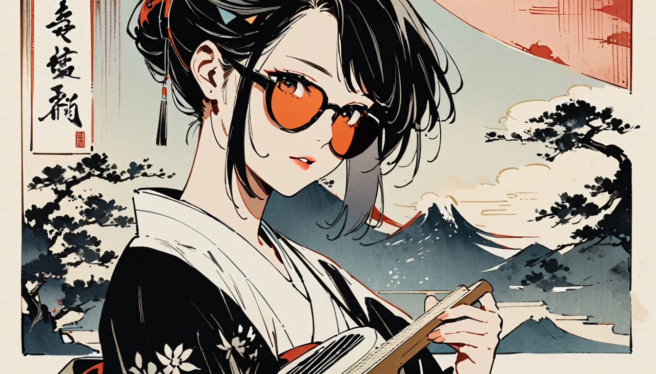 Ink Painting, (((1 girl))), (((Shamisen))), sunglasses, Japanese style headphones, beautiful girl, Black Hair, Delicate and precise, Modern ukiyo-e style, dark