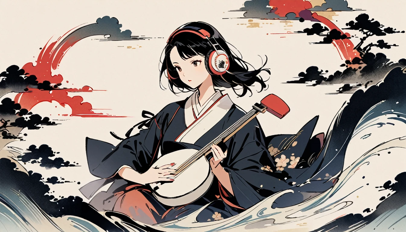Ink Painting, (((1 girl))), (((Shamisen))), sunglasses, Japanese style headphones, beautiful girl, Black Hair, Delicate and precise, Modern ukiyo-e style, dark
