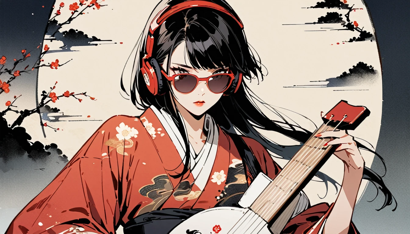 Ink Painting, (((1 girl))), (((Shamisen))), sunglasses, Japanese style headphones, beautiful girl, Black Hair, Delicate and precise, Modern ukiyo-e style, dark