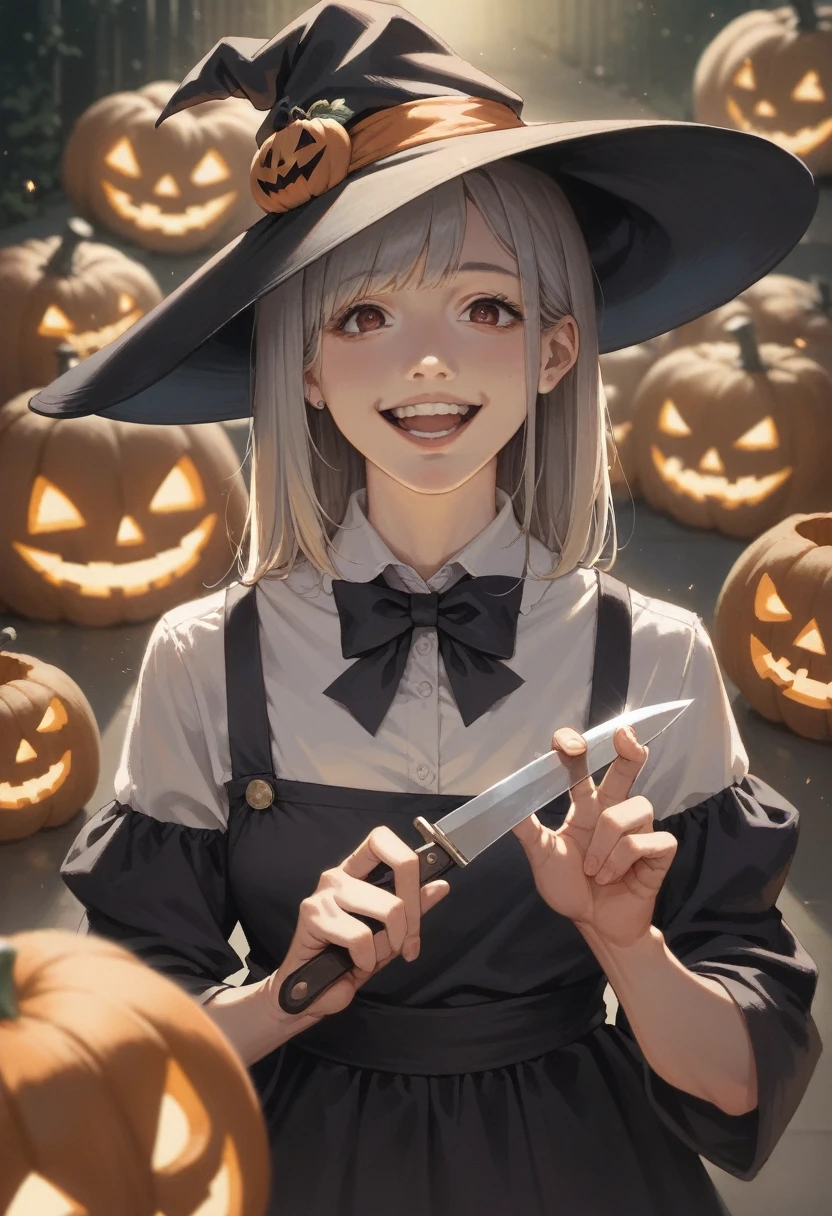 there is a drawing of a woman with a knife in her hand, in a halloween style, halloween, happy!!!, halloween art style, creepy!!, ( ( misa amane # ) ), marin kitagawa fanart, loli, ( ( ( horror art ) ) ), creepy!!!, by Shingei, ( waitress ) girl, 2d, 2 d