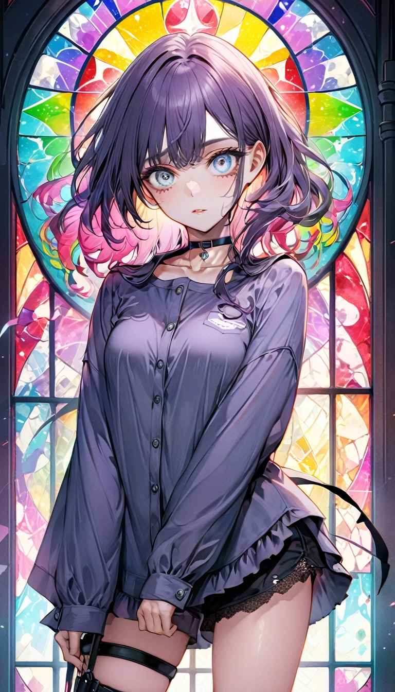 beautiful woman, (big round eyes, star-shaped pupils), amorous and lewd face, cool and sadistic, looking down with a cold gaze, makeup, great proportion, wearing baggy loose shirt, frilly shorts, heavy engineer boots, choker, standing pose, background pastel color palette, large pastel stained glass, shading effects, gradation magic effects, (ultra detailed, absolutely resolution, best quality:1.3), 2.5D, delicate and dynamic, cartoon-style