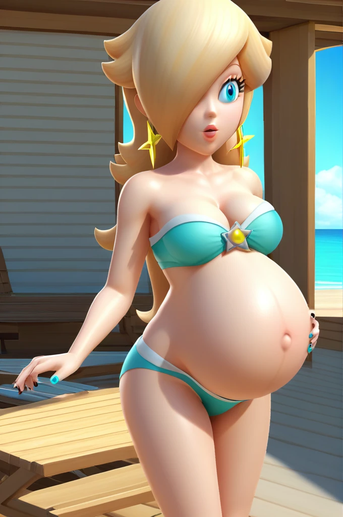 score_9, score_8_up, 1girl, solo, rosalina, style parody, thick outlines, bikini, panties, pregnant belly, big belly, sleeveless, strapless, cleavage, indoors, beach, black nails, complete body, perfect, blue nails,