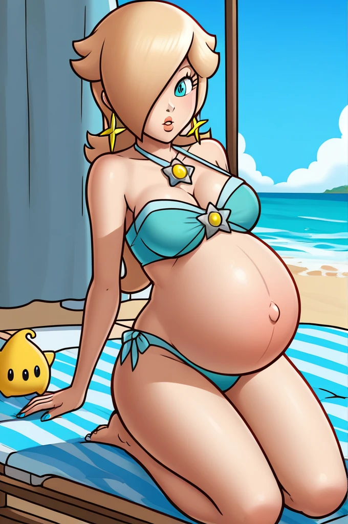 score_9, score_8_up, 1girl, solo, rosalina, style parody, thick outlines, bikini, panties, pregnant belly, big belly, sleeveless, strapless, cleavage, indoors, beach, black nails, complete body, perfect, blue nails,