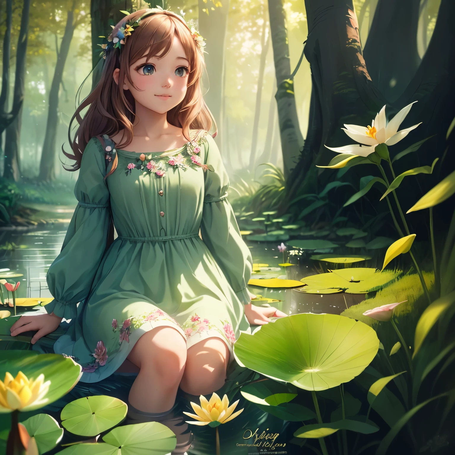 A girl sits on the ground covered with lilies in the forest, beautiful anime girl, cute anime waifu in a beautiful dress, Cute anime girl, young anime girl, Beautiful character art, cute detailed digital art, beautiful anime girl, work in Guweiz style, beautiful anime artwork, realistic picture of a cute girl, charming digital painting, beautiful anime art, nice detailed work