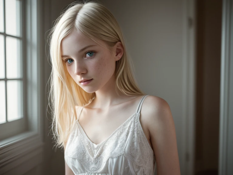 1girl in, ager, Solo, Aesthetic artwork, blond, straight blonde hair, waist length hair, light blue eyes, small freckles, pale skin, breasts, runners body, (thin hips, thin waist: 1.1), detailed skin, slight smile, beautiful face, stretched out in the pale afternoon sun, 24mm, 4k textures, soft cinematic light, RAW photo, photorealism, photorealistic, intricate, elegant, highly detailed, sharp focus, ((((cinematic look)))), soothing tones, insane details, intricate details, hyperdetailed, low contrast, soft cinematic light, dim colors, exposure blend, hdr, faded