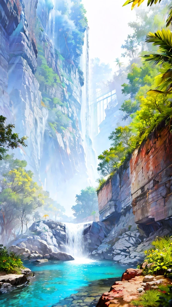 Clear river water , Waterfall in the background, Surrounded by lush tropical jungle, Daytime , Foggy