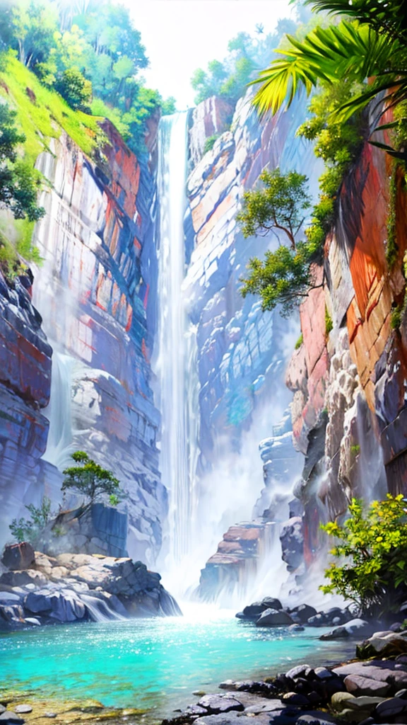 Clear river water , Waterfall in the background, Surrounded by lush tropical jungle, Daytime , Foggy