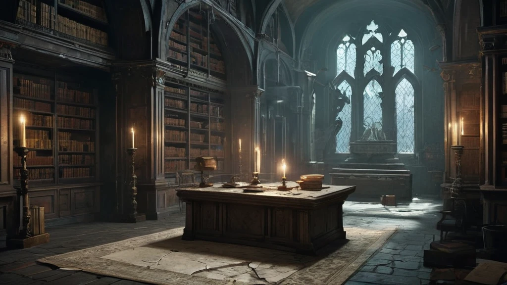 hidden from the prying eyes of the world, lies a dark, ancient library. The room is small and confined, with low, vaulted ceilings and walls lined with towering bookshelves, their dark wood aged and cracked. Dust and cobwebs cling to every surface, untouched for centuries.

A single, flickering candle casts a feeble light, barely piercing the thick darkness that envelops the space. Shadows dance and writhe on the stone walls, making the room feel alive with an eerie, malevolent presence. The air is thick with the scent of old parchment, leather, and the faint musk of decay, mingling to create an oppressive atmosphere.

In the center of the room, a heavy wooden table is cluttered with ancient tomes and scrolls, their pages filled with cryptic symbols and forgotten knowledge. The table's surface is scarred from years of use, bearing the marks of countless scholars and magicians who once sought secrets within these walls.

The silence is palpable, broken only by the occasional rustle of paper or the distant drip of water seeping through the castle’s stones. The narrow windows, barred and covered in grime, allow only the faintest glimmer of moonlight to seep in, adding to the room's ghostly ambiance.

The library feels like a sanctuary of dark knowledge, a place where the forgotten and forbidden linger. Each book and scroll holds the promise of ancient power and untold secrets, waiting for a brave soul to uncover them. But the shadows seem to watch, and the darkness feels almost sentient, as if guarding the secrets from those who might seek to unravel them.