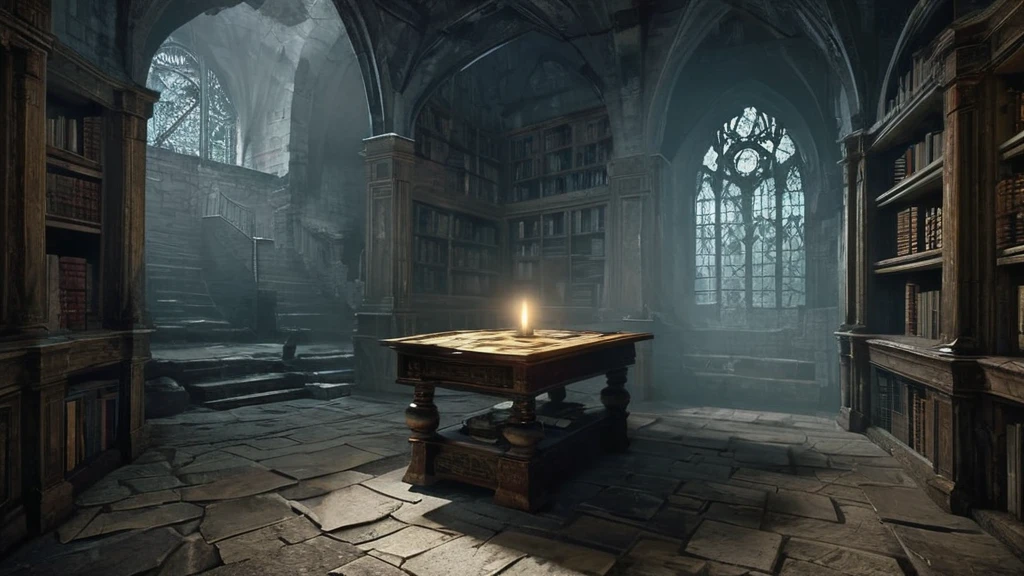 hidden from the prying eyes of the world, lies a dark, ancient library. The room is small and confined, with low, vaulted ceilings and walls lined with towering bookshelves, their dark wood aged and cracked. Dust and cobwebs cling to every surface, untouched for centuries.

A single, flickering candle casts a feeble light, barely piercing the thick darkness that envelops the space. Shadows dance and writhe on the stone walls, making the room feel alive with an eerie, malevolent presence. The air is thick with the scent of old parchment, leather, and the faint musk of decay, mingling to create an oppressive atmosphere.

In the center of the room, a heavy wooden table is cluttered with ancient tomes and scrolls, their pages filled with cryptic symbols and forgotten knowledge. The table's surface is scarred from years of use, bearing the marks of countless scholars and magicians who once sought secrets within these walls.

The silence is palpable, broken only by the occasional rustle of paper or the distant drip of water seeping through the castle’s stones. The narrow windows, barred and covered in grime, allow only the faintest glimmer of moonlight to seep in, adding to the room's ghostly ambiance.

The library feels like a sanctuary of dark knowledge, a place where the forgotten and forbidden linger. Each book and scroll holds the promise of ancient power and untold secrets, waiting for a brave soul to uncover them. But the shadows seem to watch, and the darkness feels almost sentient, as if guarding the secrets from those who might seek to unravel them.