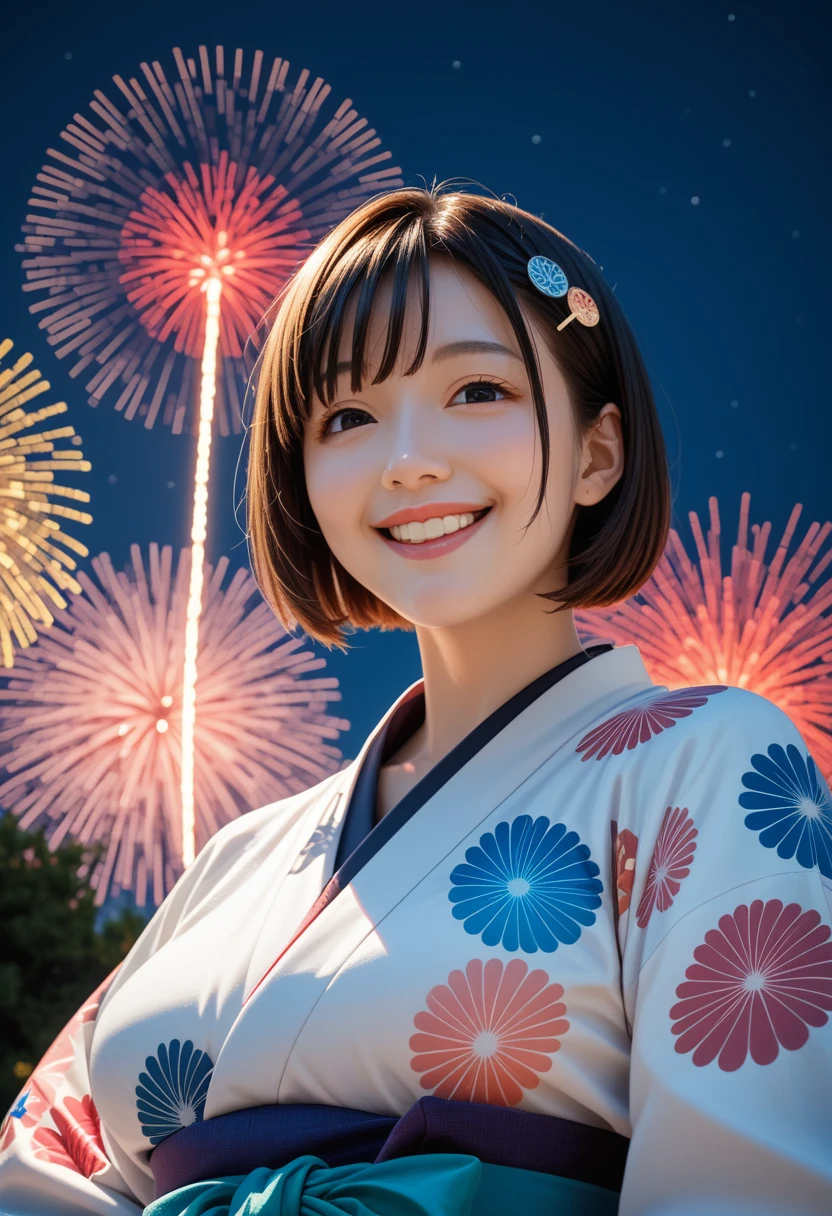 An absurd solution, High resolution, (masterpiece: 1.4), Very detailed, (1 female: 1.3), (alone: 1.4), firework, Short Bob, Short Bob, kimono, Recall, Close ~ eyes, smile, Light, Makoto Shinkai style, Extreme close up of face, Ultra-fine Illustration, Vibrant colors, cinematic Light, exciting Light production, Attention to detail, Vibrant colors, hairpin, kimono, Large lateral breasts, Recall, Happy, smile, From below,