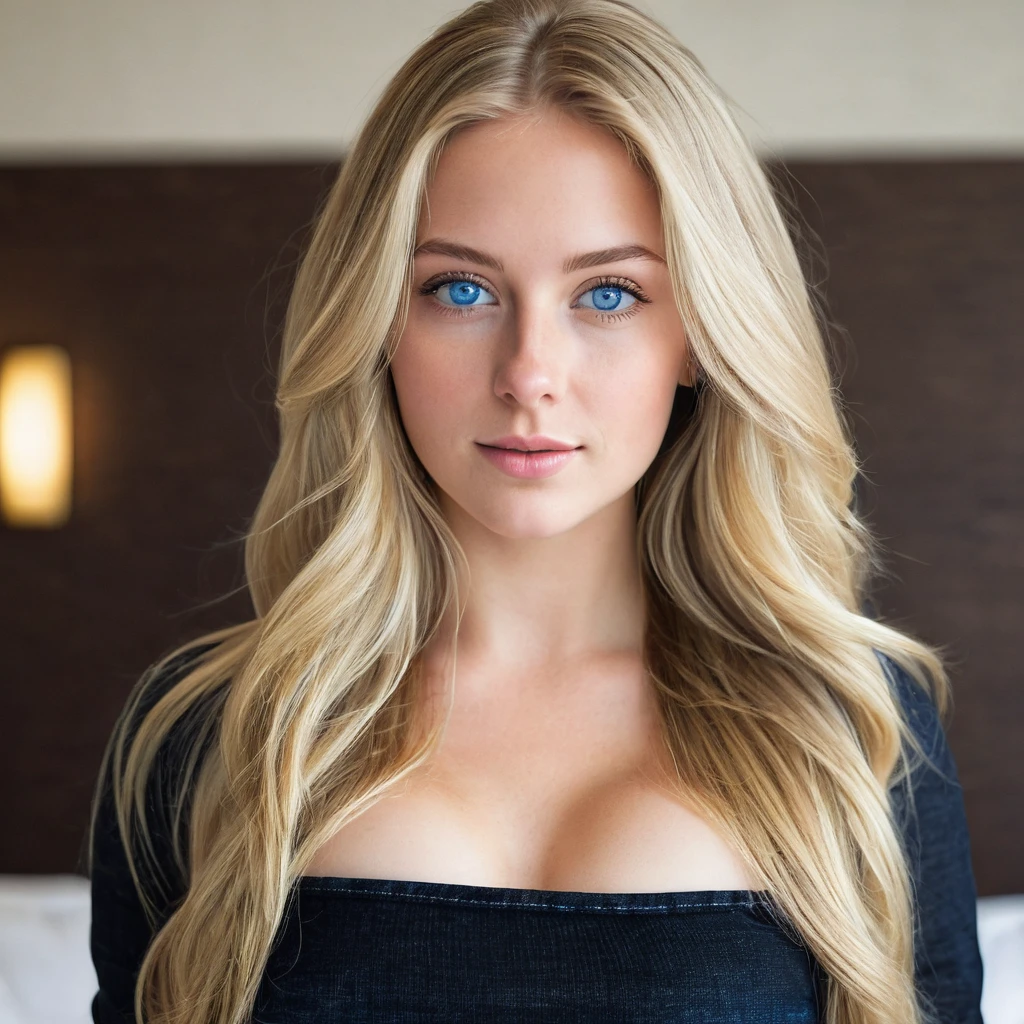 une fille blonde en tenue, gros seins, beau visage cheveux long, des lèvres charnues, un regard séduisant qui regarde le spectateur l'image full HD