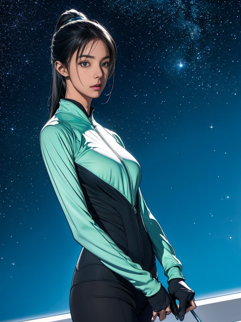 In high resolution 4K frames、A woman stands out against a vast, starry sky。Her striking features are、She has light blue hair styled in a ponytail and piercing green eyes.。She wears a white cybersuit decorated with an intricate body suit.、It highlights her athletic physique。A huge long sword rested at her side、Its metallic sheen reflects the faint light of a nearby star.。The sleek design of the spaceship dominates the background.、The engines hum quietly as they navigate through space.。