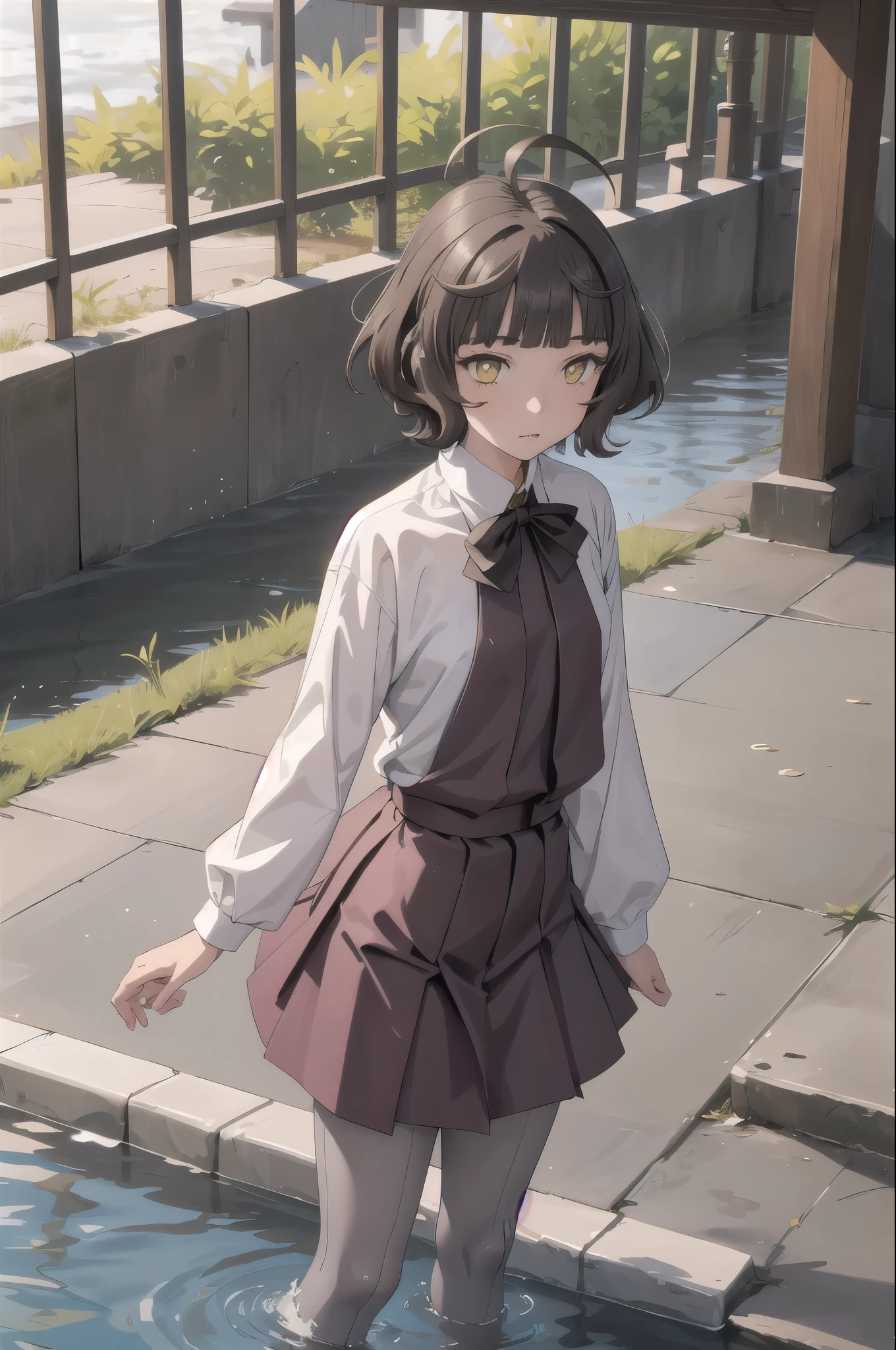 One girl, alone,
kishinami \(Kantai Collection\), Ahoge, Brown Hair, short hair, Wavy Hair, Yellow Eyes, Blunt bangs, Small breasts,
Aquabow, Aquabowtie, Grey pantyhose, Long sleeve, Pleated dress, Purple Dress, school uniform, Seamed legwear, White shirt, Halter neck, boots, Cowboy shot outdoors, whole body, Are standing