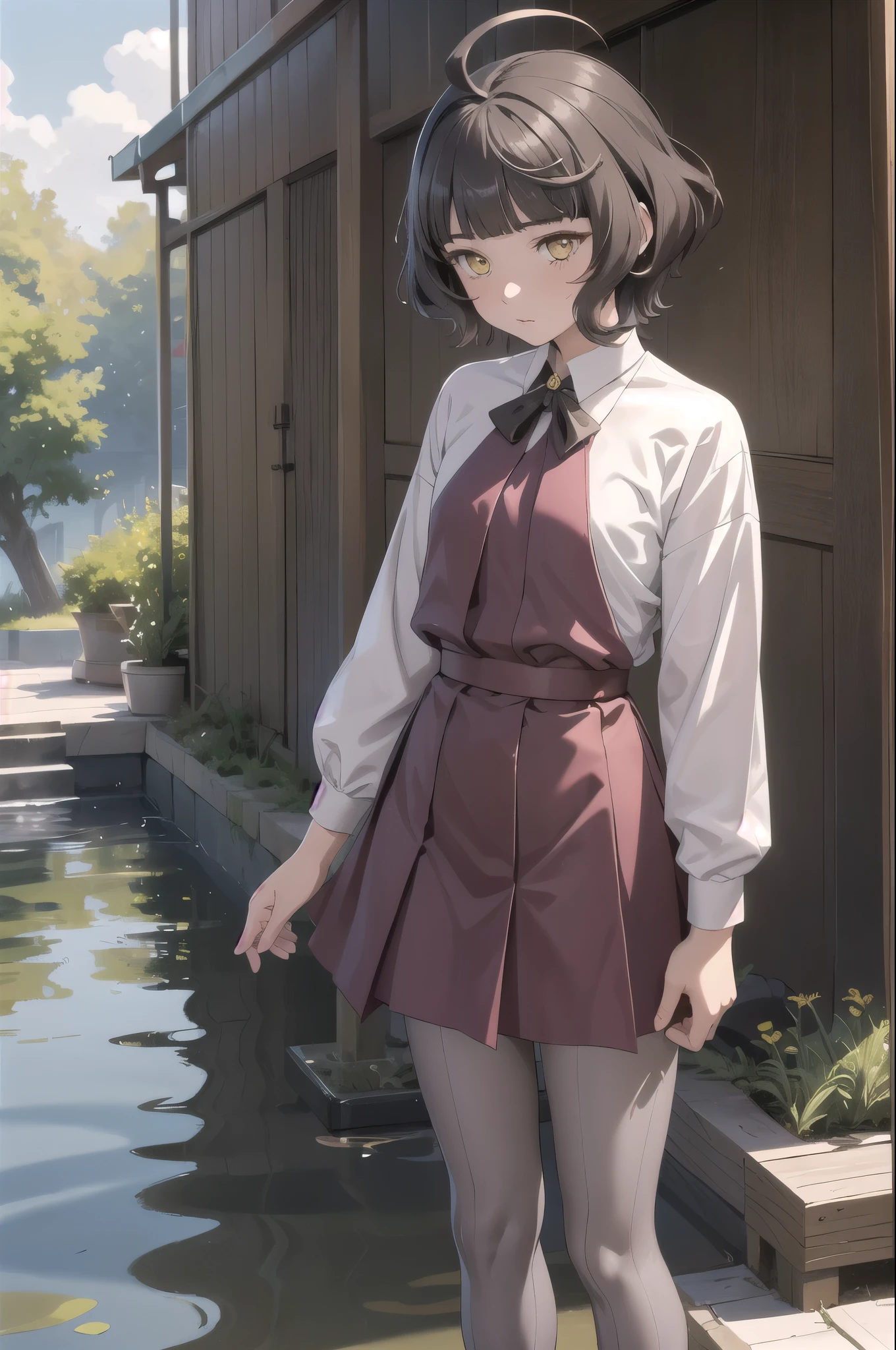 One girl, alone,
kishinami \(Kantai Collection\), Ahoge, Brown Hair, short hair, Wavy Hair, Yellow Eyes, Blunt bangs, Small breasts,
Aquabow, Aquabowtie, Grey pantyhose, Long sleeve, Pleated dress, Purple Dress, school uniform, Seamed legwear, White shirt, Halter neck, boots, Cowboy shot outdoors, whole body, Are standing
