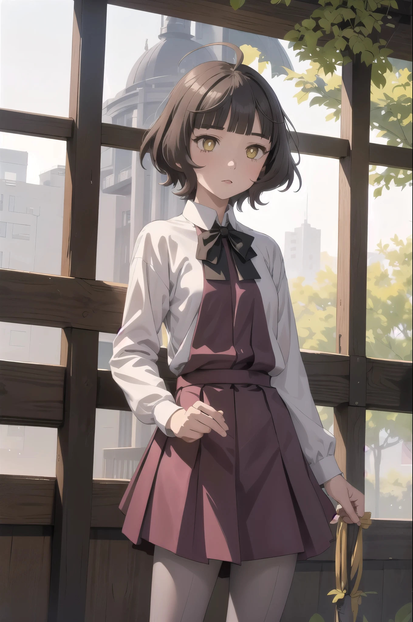 One girl, alone,
kishinami \(Kantai Collection\), Ahoge, Brown Hair, short hair, Wavy Hair, Yellow Eyes, Blunt bangs, Small breasts,
Aquabow, Aquabowtie, Grey pantyhose, Long sleeve, Pleated dress, Purple Dress, school uniform, Seamed legwear, White shirt, Halter neck, boots, Cowboy shot outdoors, whole body, Are standing