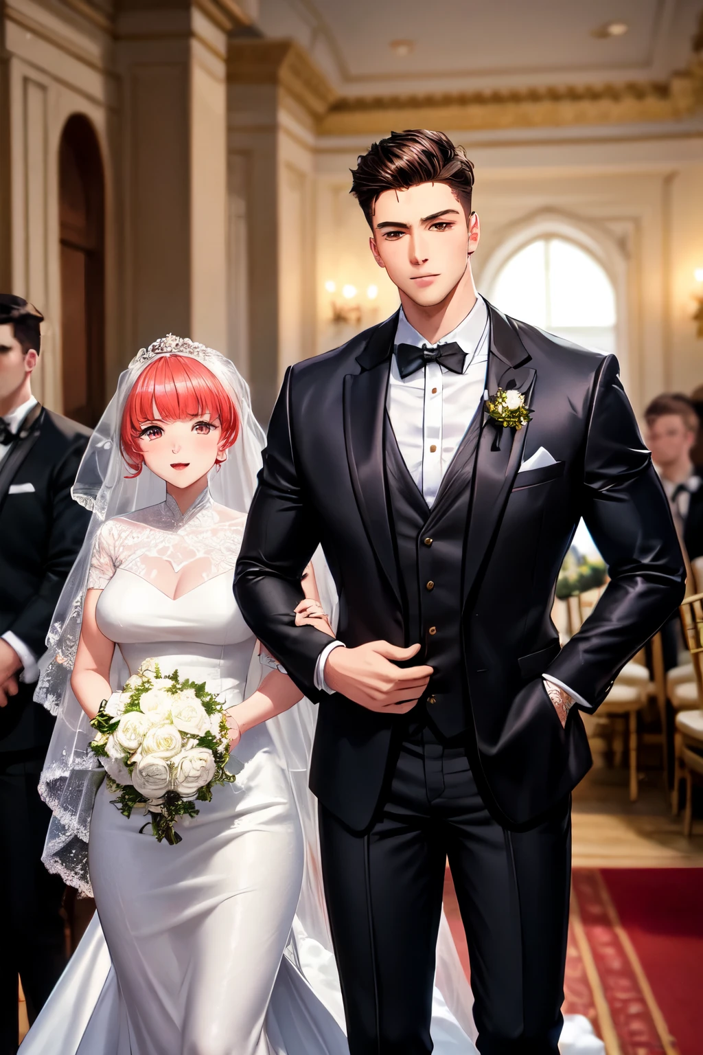 Lily and Jacob, both tall bodybuilders with the same height, in wedding attire. Lily wears an elegant wedding gown with intricate details, and Jacob is in a classic black tuxedo with a bowtie. The setting is a festive wedding scene with vibrant decorations.