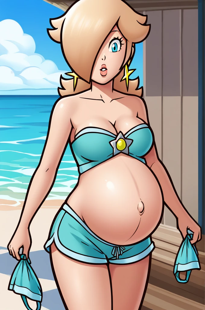 score_9, score_8_up, 1girl, solo, rosalina, style parody, thick outlines, blue bikini, shorts, pregnant belly, sleeveless, strapless, cleavage, indoors, beach,