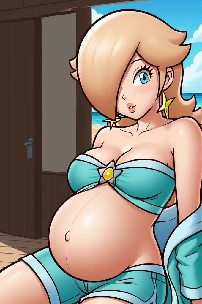 score_9, score_8_up, 1girl, solo, rosalina, style parody, thick outlines, blue bikini, shorts, pregnant belly, sleeveless, strapless, cleavage, indoors, beach, 