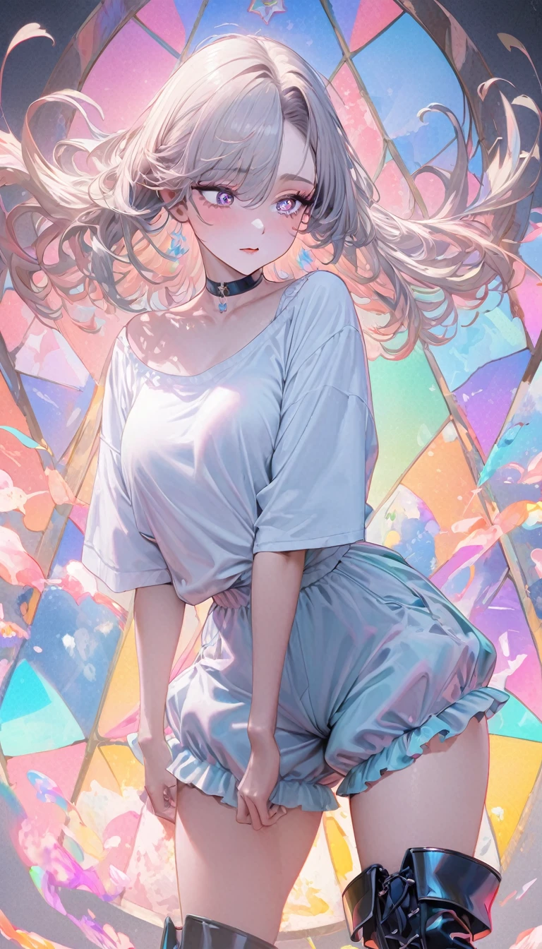 beautiful woman, (big round eyes, star-shaped pupils), amorous and lewd face, cool and sadistic, looking down with a cold gaze, makeup, great proportion, wearing baggy loose shirt, frilly shorts, heavy engineer boots, choker, standing pose, background pastel color palette, large pastel stained glass, shading effects, gradation magic effects, (ultra detailed, absolutely resolution, best quality:1.3), 2.5D, delicate and dynamic, cartoon-style
