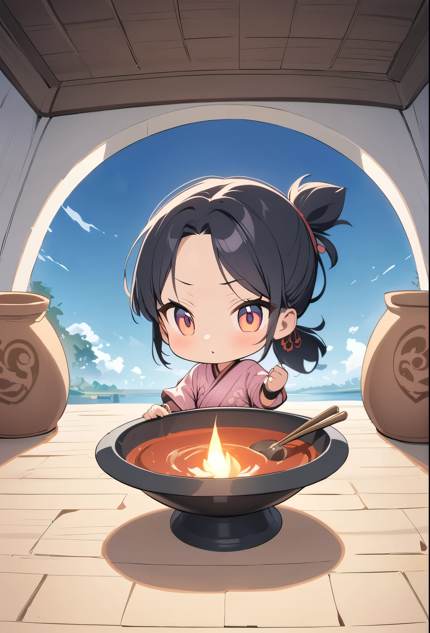 ((Pale colors))、anime、デジタルanimeアート、Flat Design,(masterpiece:1.2)、high quality、High resolution、Very detailed、(Amazingly absurd:1.2)、BREAK、Jomon people、Jomon Period、Black Hair、BREAK、long hair、Hair tied back、BREAK、Girl holding Jomon pottery