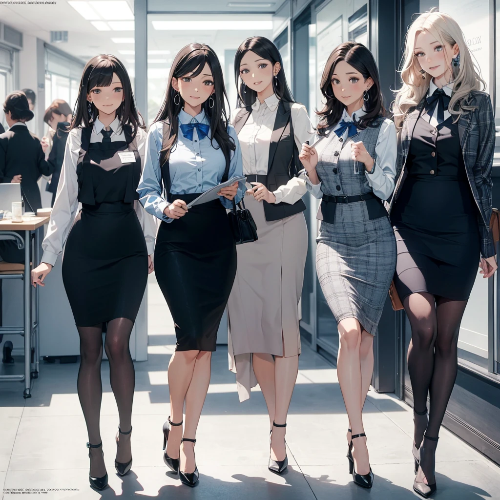 (Best Quality, Masterpiece),Wearing a pink plaid vest, White short sleeved shirt, Gray pencil skirt, Wear stiletto heels, Necklace, earrings, Cute face, Smile, Blushing, Shyness, Glass wall, Ultra Detail, Realistic, Front view, Whole body, stunning, cute, warm smile, hourglass figure, apron, text, chart, advertising, magazine title(Best Quality, Masterpiece), Mag((((1ladyl,)))) (masterpiece), (realistic), (best quality), (ultra-detailed), (wearing in [[white and gray check pattern]] Vest worn over white collared long-sleeved shirt:1.4), (gray vest with buttons:1.2), (Pink Theme:1.2), (blue ribbon ribbon:1.3), (Black theme:1.4), (Tight black pencil skirt:1.5), ((Brown pantyhose)), (high-heels:1.1),longskirt,office desk, office chair,Lulubre Unity 8K Wallpaper, pantyshot, long brown hair, office lady Magazine Cover, 1girl,  amazing, girl, 30 years old, house wiife, warm smile, hourglass figure, text, chart, advertising, magazine title