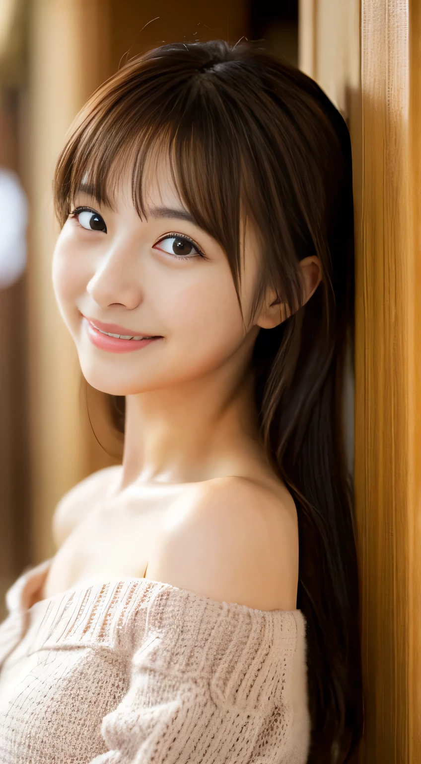 masterpiece,best quality,(Japanese girl),((Beautiful girl)),cleavage,(off shoulder:1.2),(perfect body beauty:1.2),(shy smile),From slightly above,