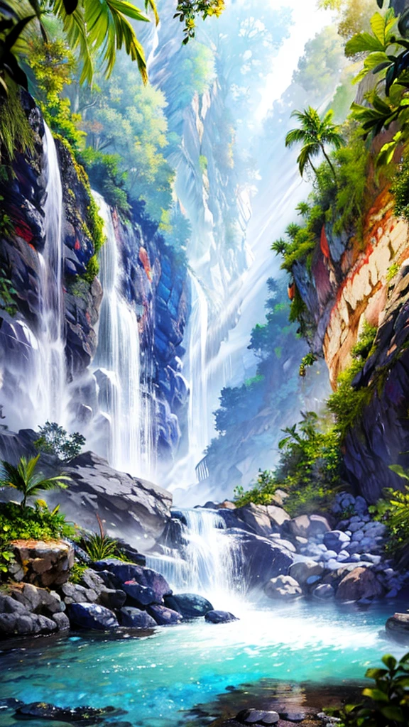 Clear river water , Waterfall in the background, Surrounded by lush tropical jungle, Daytime , Misty masterpiece,best quality,ultra detailed,high-resolution,8k portrait,unity 8k wallpaper,extremely detailed CG unity 8k wallpaper,mysterious,Fantasy,emotional