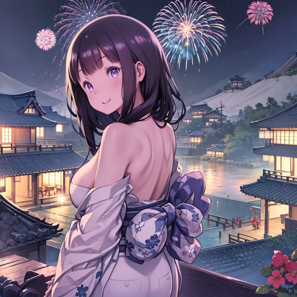 One Girl、Japanese Festivals、Fireworks display、yukata、kimono、night、Fireworks、look back、Smiling、Black Hair、Purple Eyes、Long Straight Hair、Big Breasts、