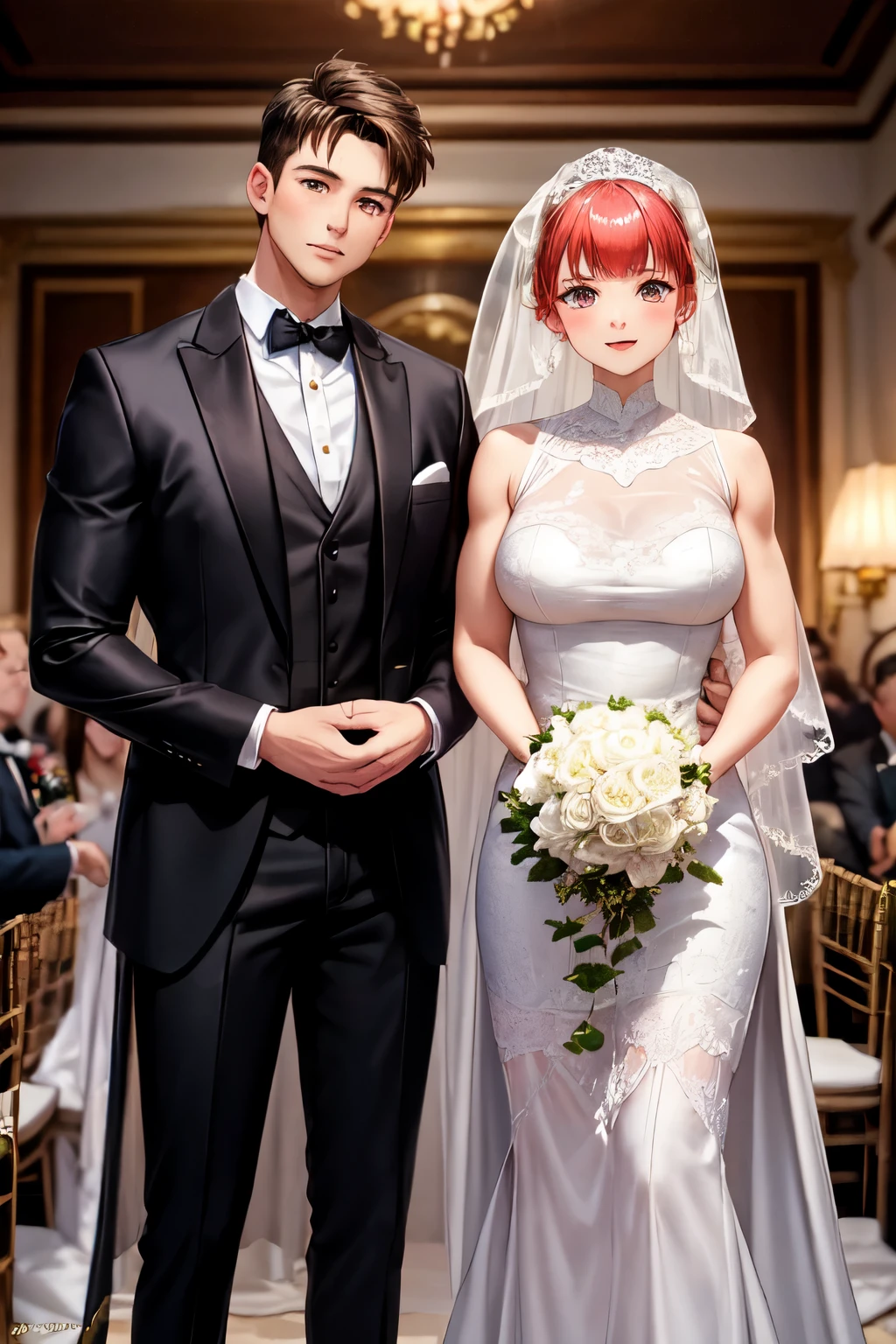 Lily and Jacob, both tall bodybuilders with the same height, in wedding attire. Lily wears an elegant wedding gown with intricate details, and Jacob is in a classic black tuxedo with a bowtie. The setting is a festive wedding scene with vibrant decorations.