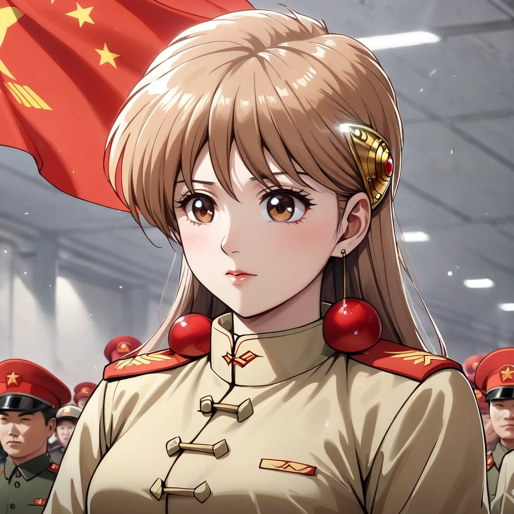 ((Highest quality)), ((masterpiece)), (detailed), (Perfect Face)、The woman is Princess Leona, a Chinese woman with medium-long light brown hair, wearing an engagement ring. She has become a member of the glorious Chinese Communist Party and has sworn absolute loyalty to the Communist Party of China. She is a righteous Communist Party member of the ruling China and the wife of a great Communist Party official.、The woman is wearing the khaki Mao suit of the Chinese Communist Party.、For the sake of China, their hairstyles, clothes, and everything they wear are all Chinese Communist Party items, and their thoughts are also Chinese, becoming great Chinese in body and mind.、The woman became Princess Leona, a Chinese woman who was proud of China and loved it devotedly.、She is serving China as a member of the great Communist Party of China.、The woman is a beautiful, respectable and exemplary Communist Party member.
